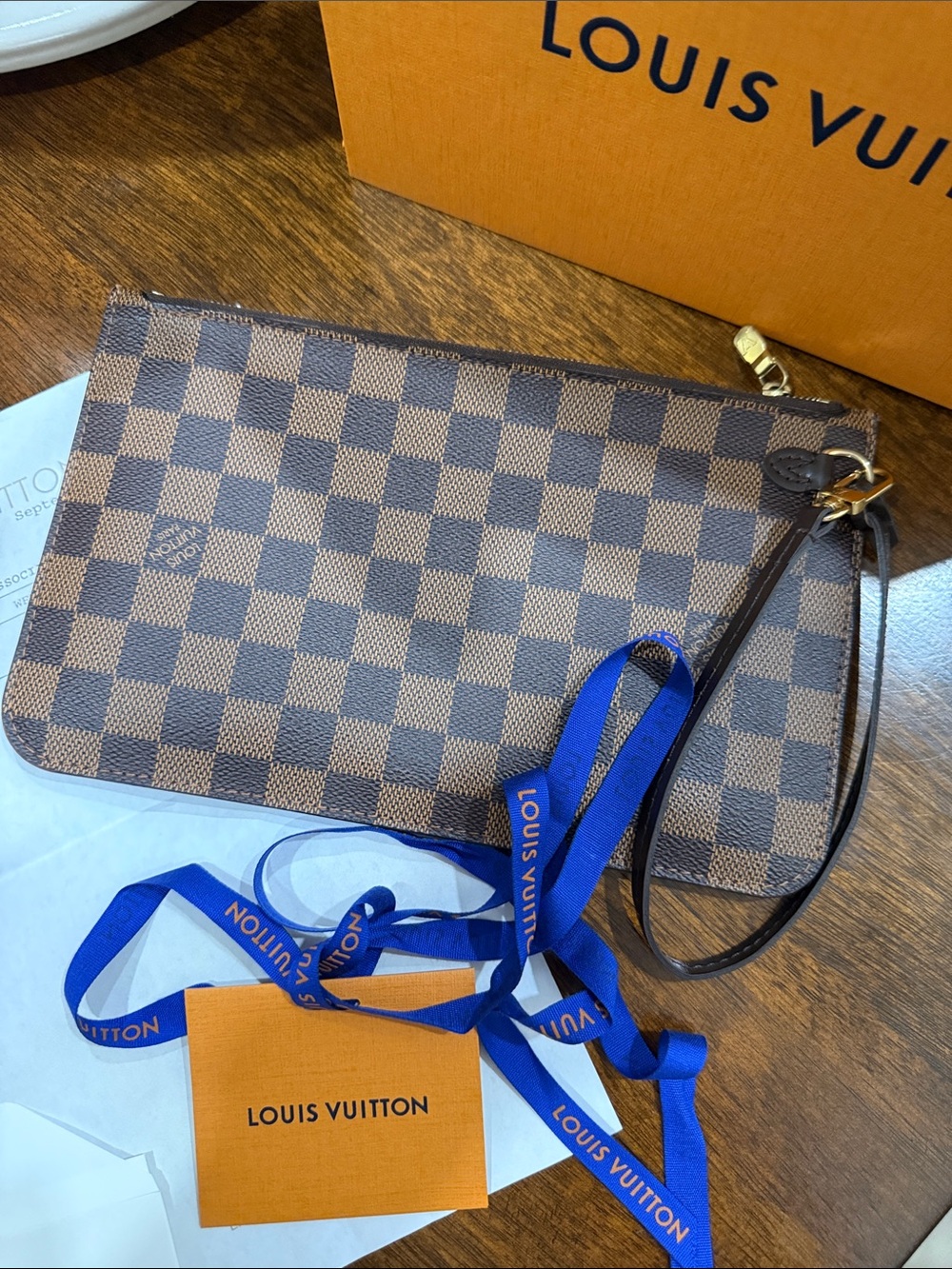 Louis Vuitton Brown Damier Wristlet Pochette with Receipt